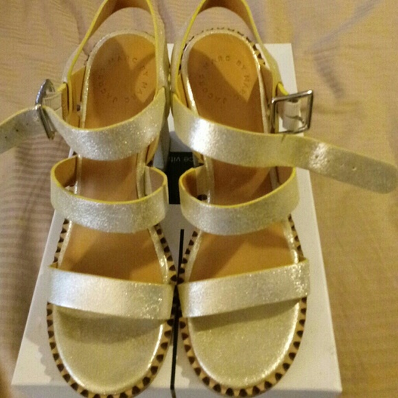 Gold Block Heeled Sandals - Picture 1 of 4